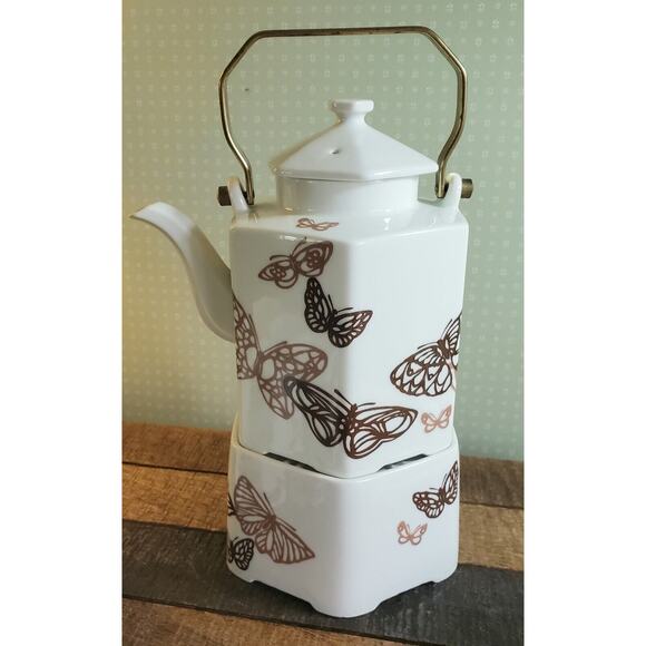 Tea Set Teapot Warmer Sato Gordon Collection Six Cups Brown Gold Butterflies - Picture 7 of 14